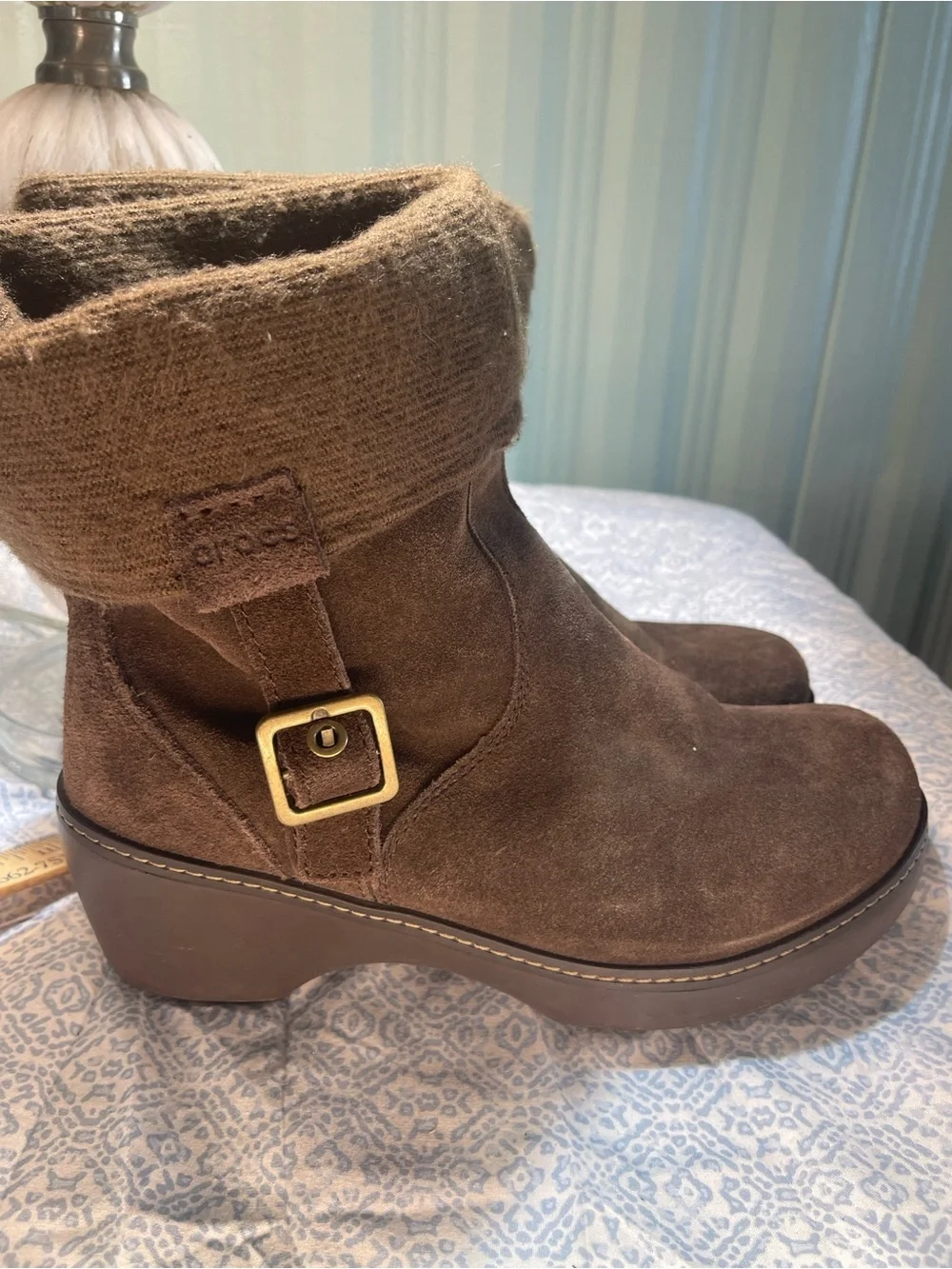 CROCS Brown Suede Wedge Ankle Boots with Knit Cuff